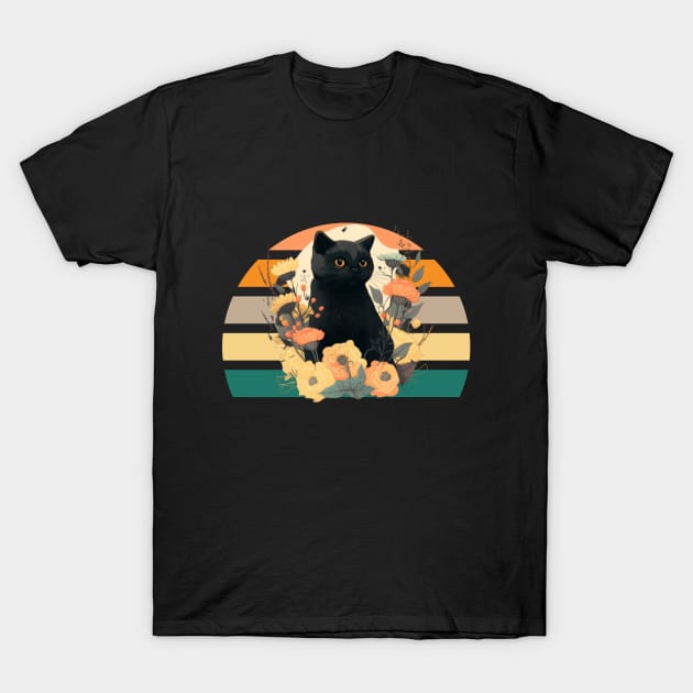 Black cat with flowers T-Shirt by Clouth Clothing 